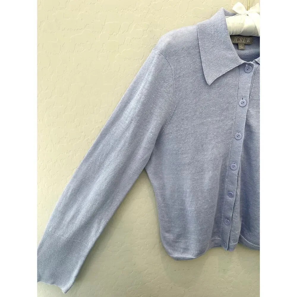 J.CREW 100% Linen Blue Collared Knit Cardigan Sweater Coastal Grandma | Medium - Picture 4 of 7